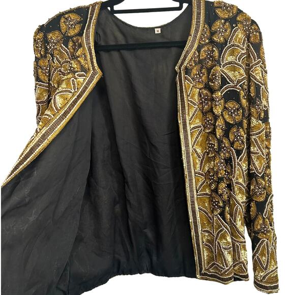 Vintage Handmade Silk Beaded Jacket M Gold India Wearable Art Collector Piece - Picture 6 of 16